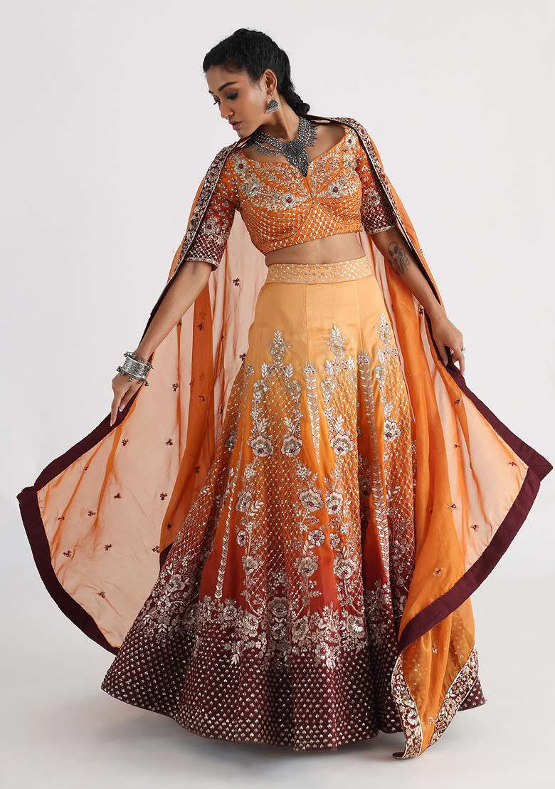 Yellow Hand Embroidered Satin Organza Lehenga Set - Indya