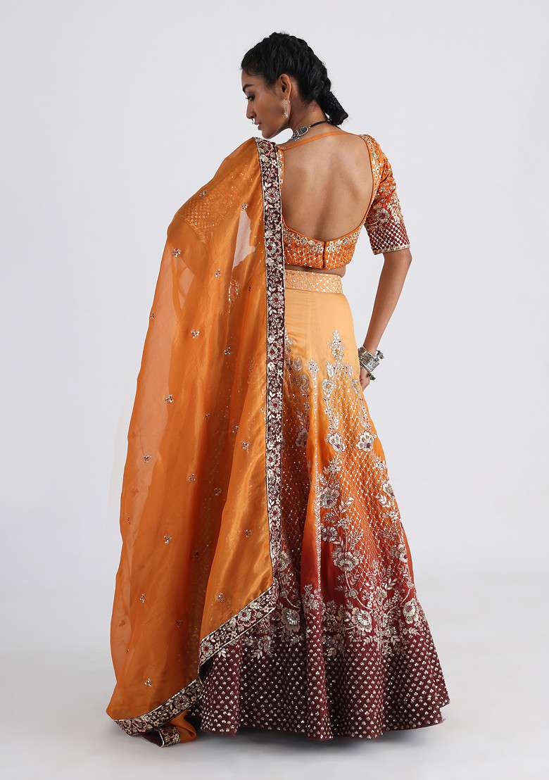 Yellow Hand Embroidered Satin Organza Lehenga Set - Indya