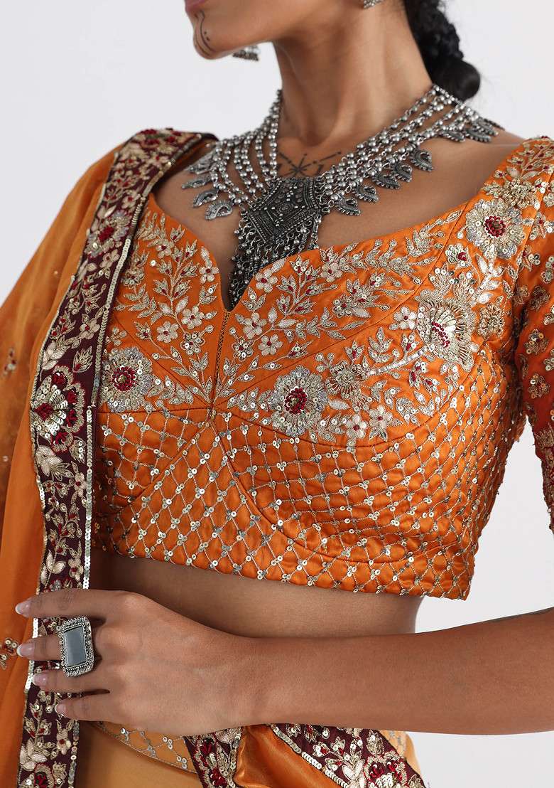 Yellow Hand Embroidered Satin Organza Lehenga Set - Indya