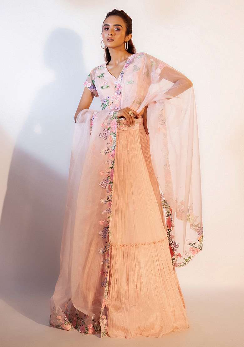 Peach Hand Embroidered Chinon Taffeta Lehenga Set - Indya