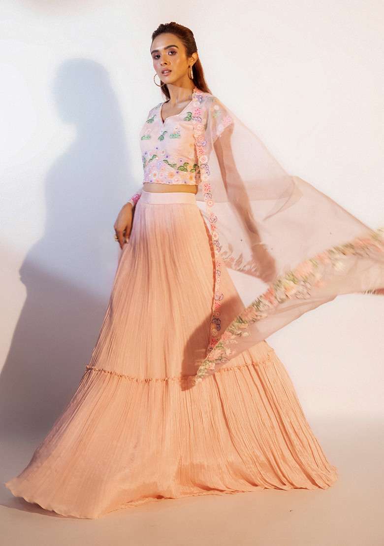 Peach Hand Embroidered Chinon Taffeta Lehenga Set - Indya
