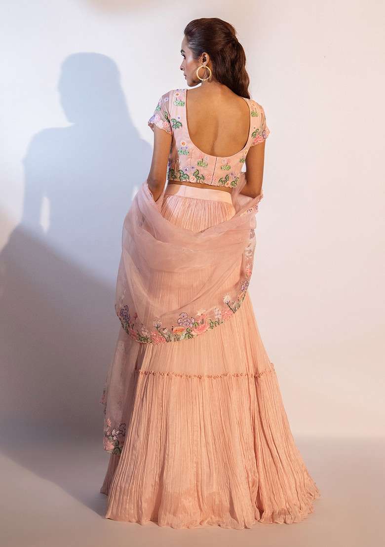 Peach Hand Embroidered Chinon Taffeta Lehenga Set - Indya