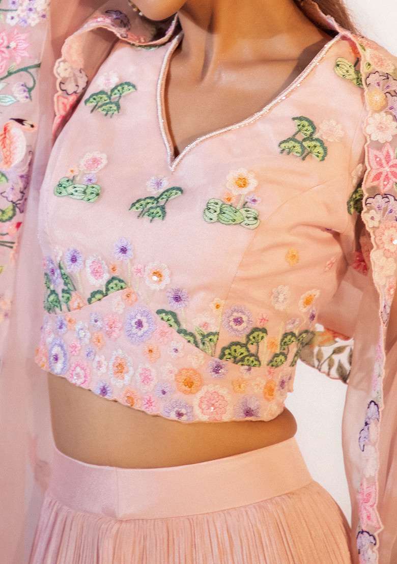 Peach Hand Embroidered Chinon Taffeta Lehenga Set - Indya