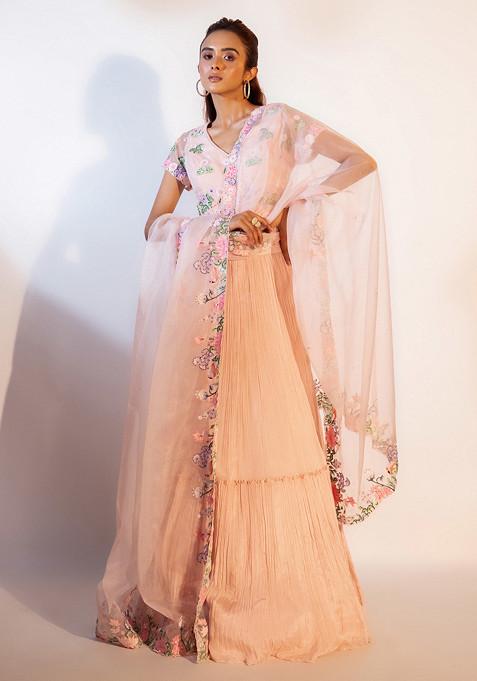 Peach Hand Embroidered Chinon Taffeta Lehenga Set