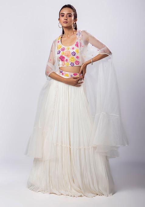 White Hand Embroidered Chinon Taffeta Lehenga Set