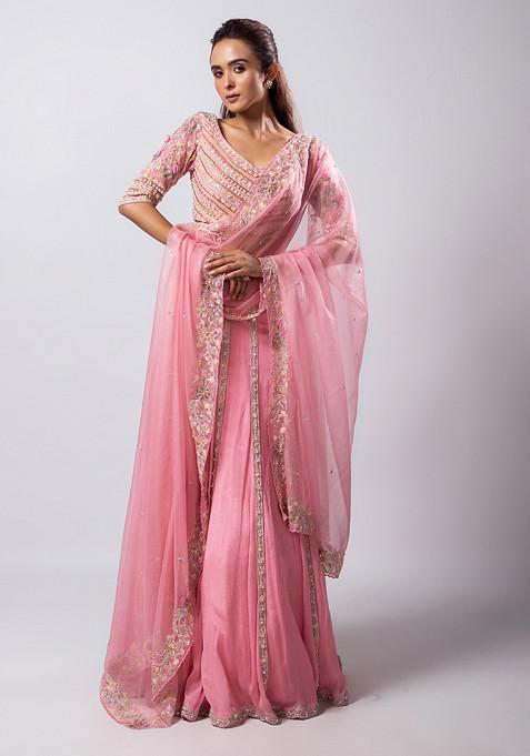 Pink Hand Embroidered Chinon Taffeta Lehenga Set