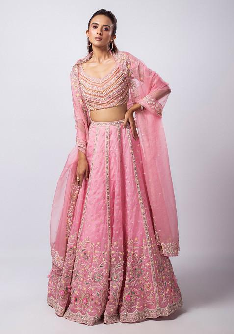 Pink Embroidered Chinon Taffeta Lehenga Set