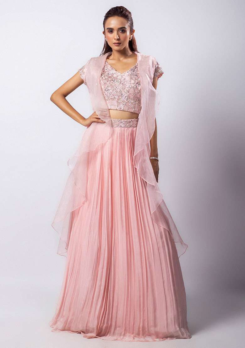Pink Hand Embroidered Organza Lehenga Set - Indya