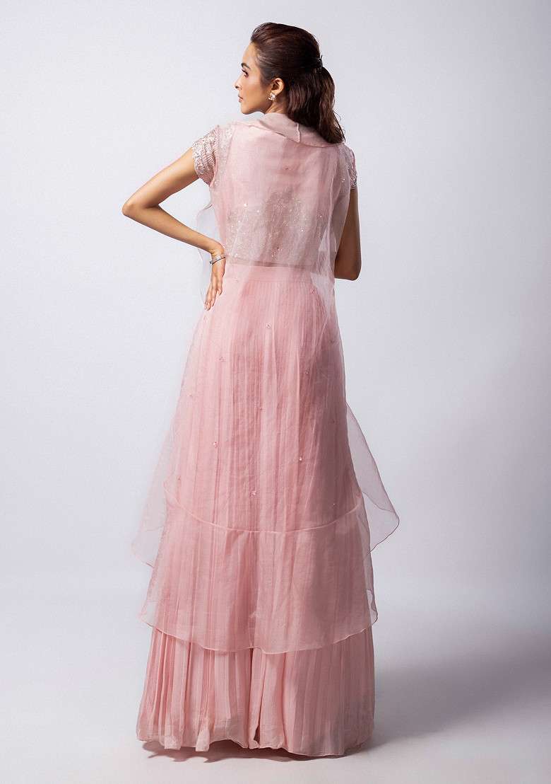 Pink Hand Embroidered Organza Lehenga Set - Indya