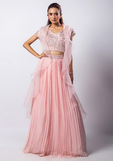 Pink Hand Embroidered Organza Lehenga Set