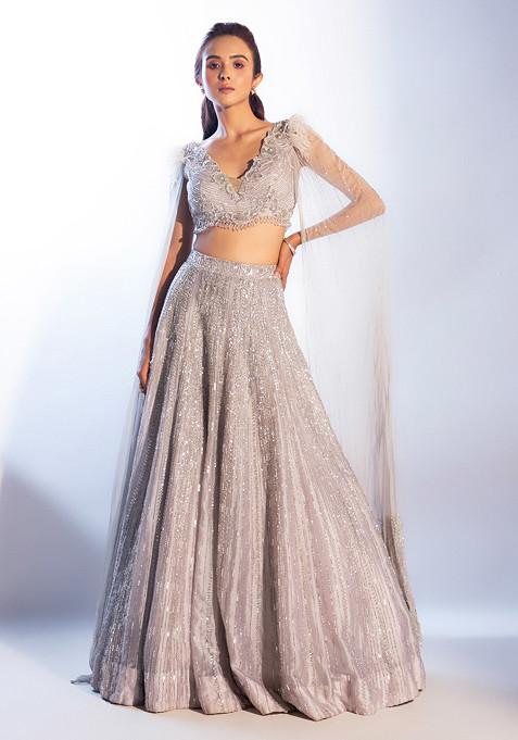 Grey Hand Embroidered Satin Organza Lehenga Set