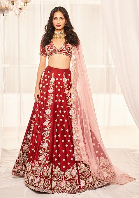 Blood Red Resham Embroidered Lehenga Set