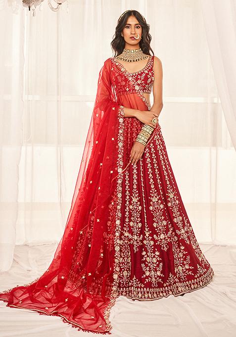 Cherry Red Zardosi Embroidered Lehenga Set