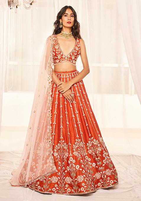 Burnt Orange Cutdana Embroidered Lehenga Set