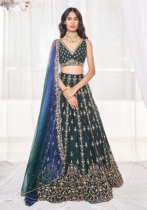 Bottle Green Embroidered Lehenga Set