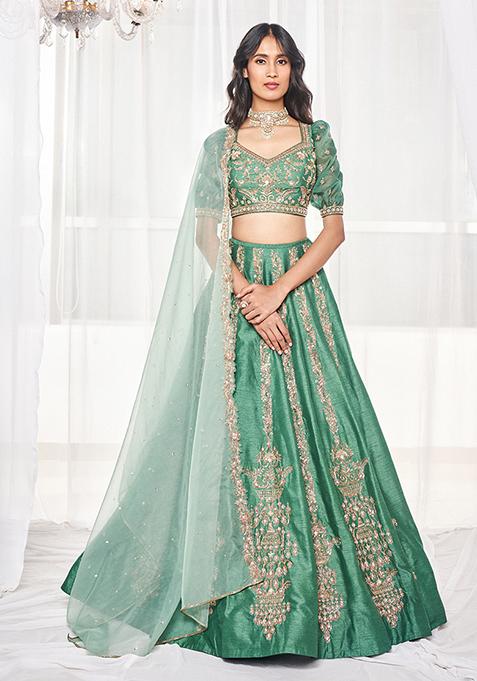 Teal Green Zardosi Embroidered Lehenga Set