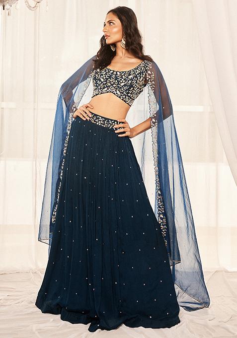 Teal Blue Self Embroidered Lehenga Set