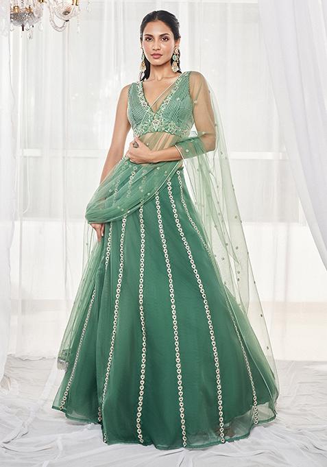 Teal Green Self Embroidered Lehenga Set