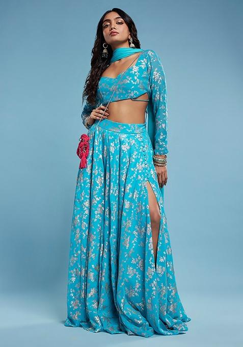 Turquoise Printed Georgette Lehenga Set