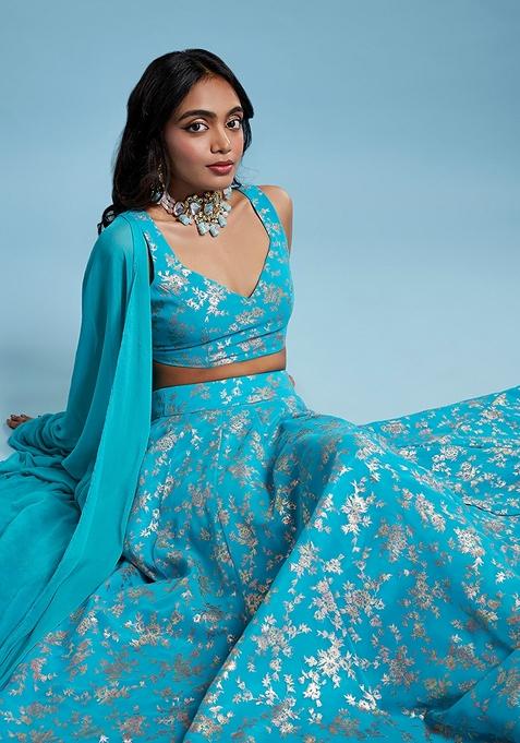 Turquoise Printed Georgette Lehenga Set