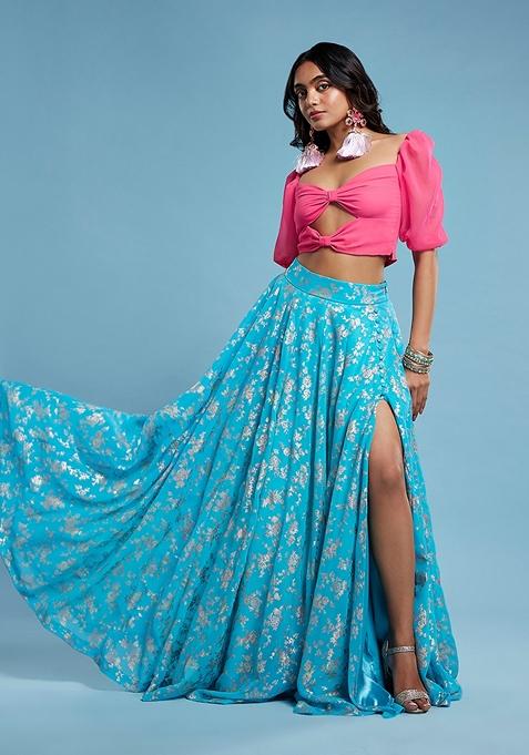 Pink Solid Georgette Lehenga Set