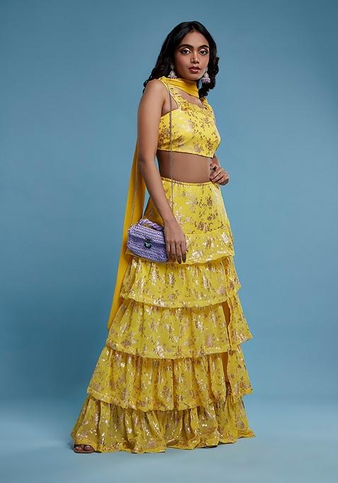 Yellow Printed Georgette Lehenga Set