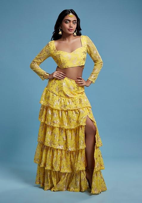 Yellow Printed Georgette Lehenga Set