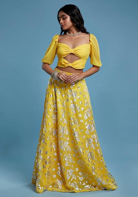 Yellow Solid Georgette Lehenga Set