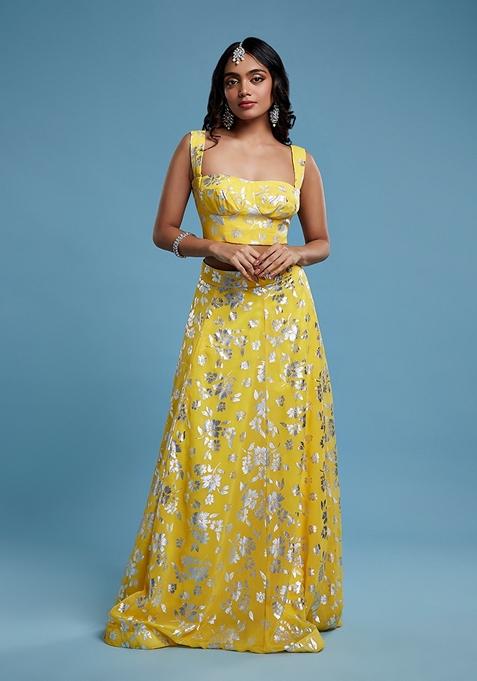 Yellow Printed Georgette Lehenga Set