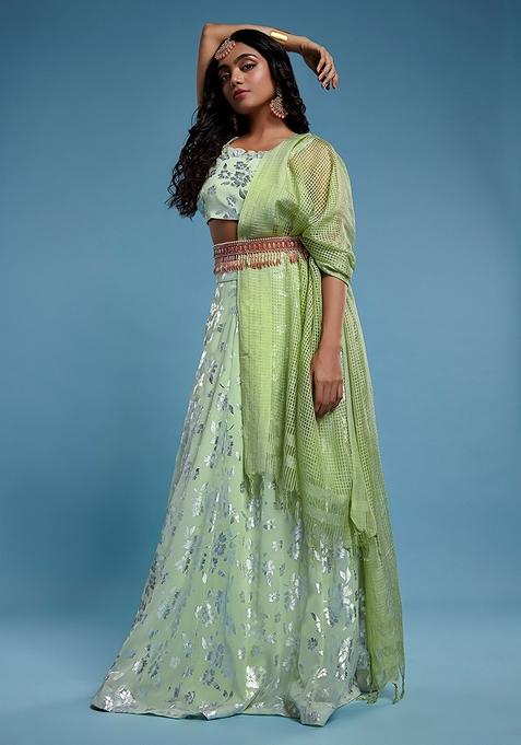 Green Printed Georgette Lehenga Set