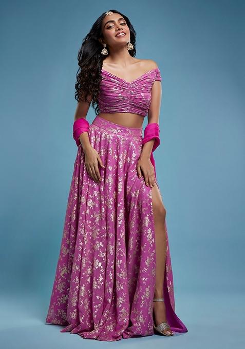 Purple Printed Georgette Lehenga Set