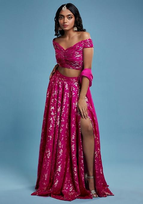 Hot Pink Foil Gota work Georgette Lehenga Set