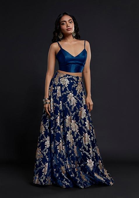 Navy Blue Foil Gota work Georgette Lehenga Set