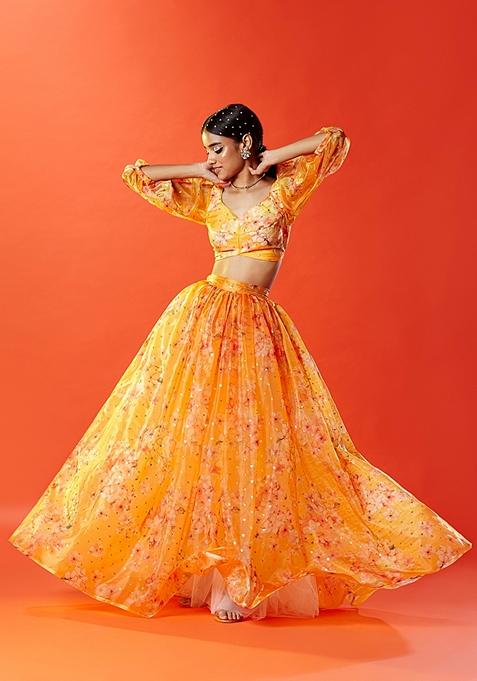 Mustard Sequin Embellished Organza Satin Lehenga Set