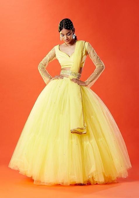 Yellow Sequin Hand Embroidered Tulle Lehenga Set