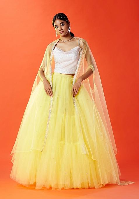 Lemon Yellow Sequin Embellished Polyester Mesh Lehenga Set