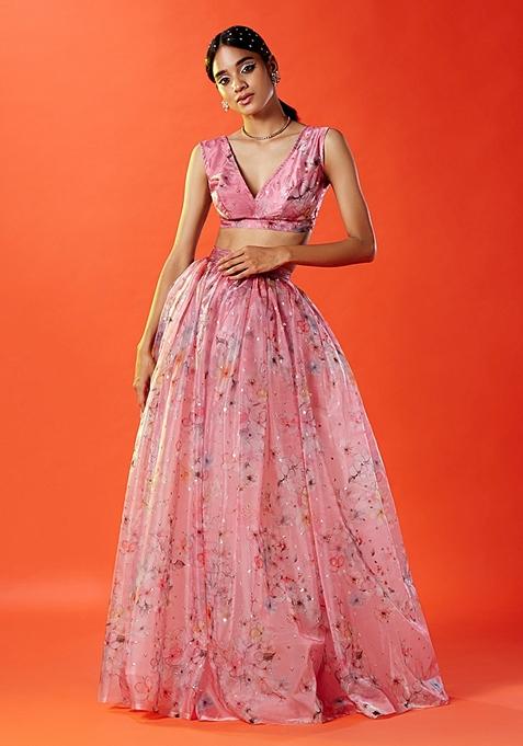 Pink Hand Embroidered Silk Organza Lehenga Set