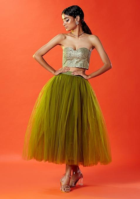 Olive Green Sequin Embroidered Polyester Mesh Skirt Set