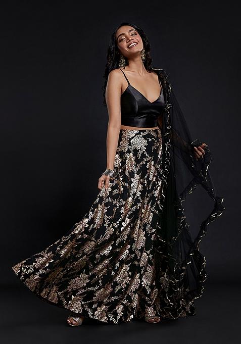 Black Solid Satin Lehenga Set