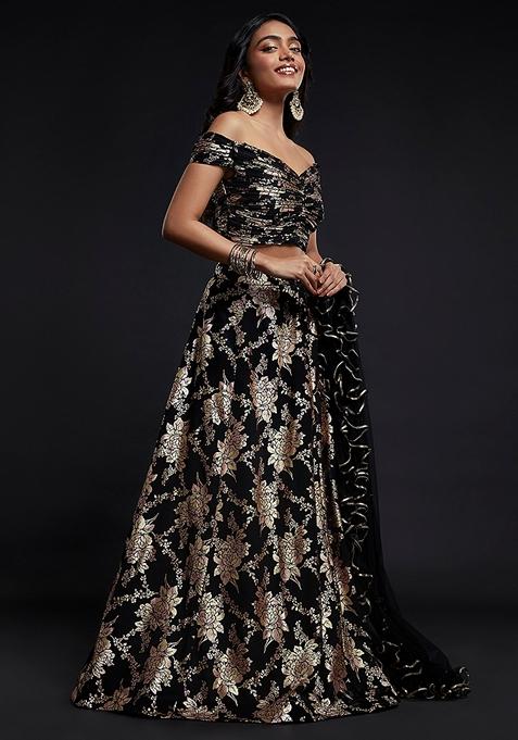 Black Printed Georgette Lehenga Set