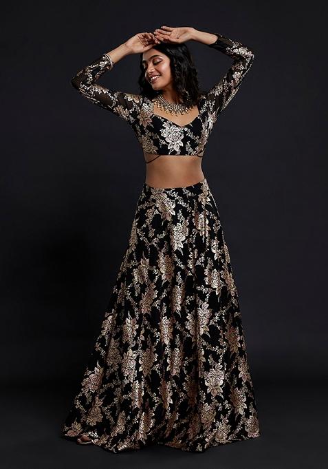 Black Printed Georgette Lehenga Set