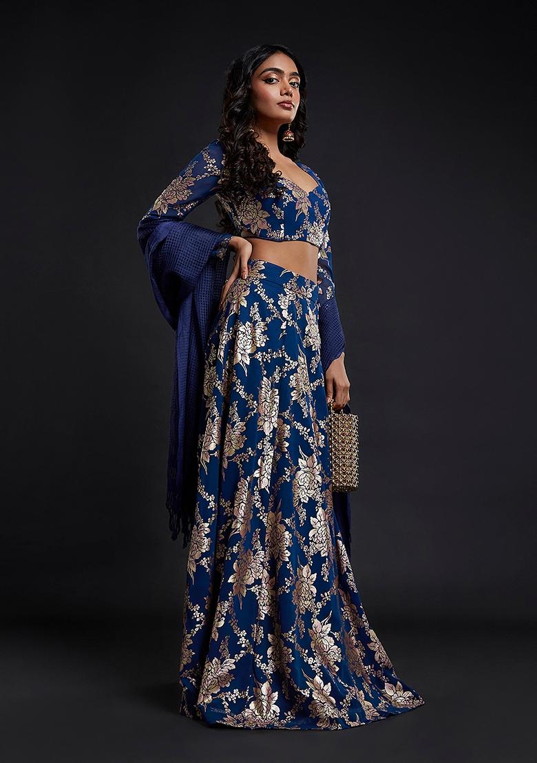 Navy Blue Printed Georgette Lehenga Set