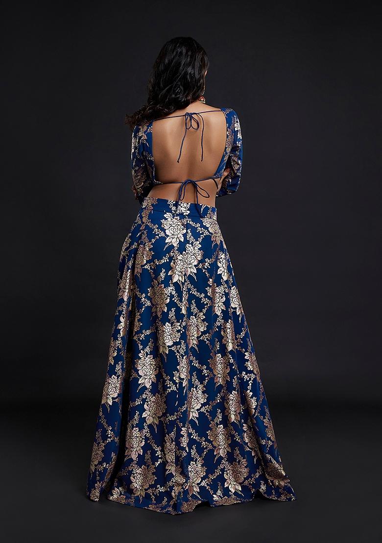Navy Blue Printed Georgette Lehenga Set