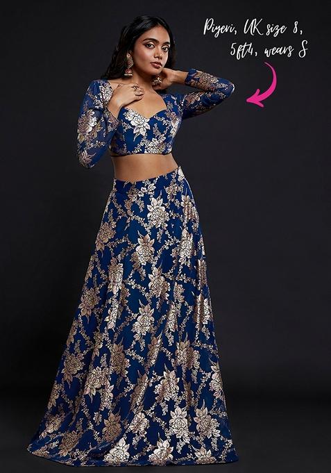 Navy Blue Printed Georgette Lehenga Set