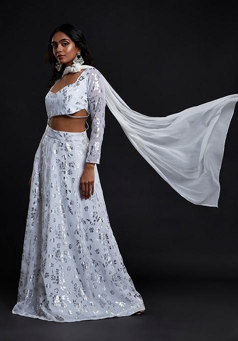 White Printed Georgette Lehenga Set