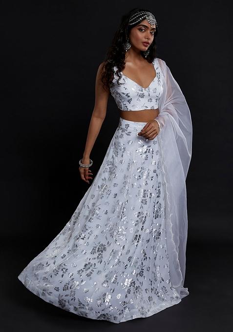 White Printed Georgette Lehenga Set