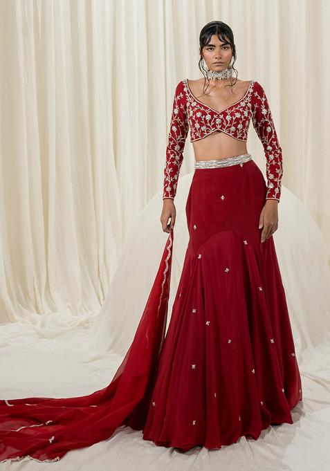 Maroon Embroidered Crepe Lehenga Set