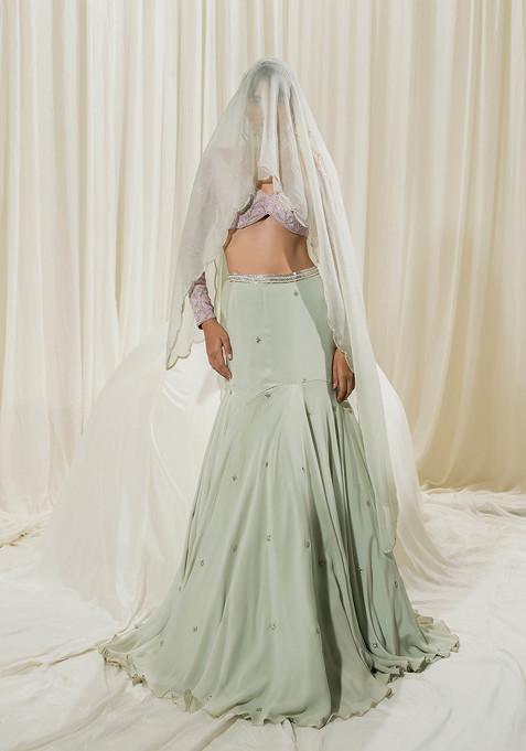 Light Mint Blue And Lavender Embroidered Crepe Lehenga Set