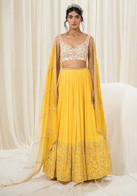 Yellow Embroidered Crepe Lehenga Set