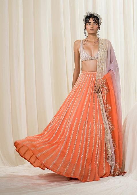 Orange Hand Embroidered Organza Lehenga Set